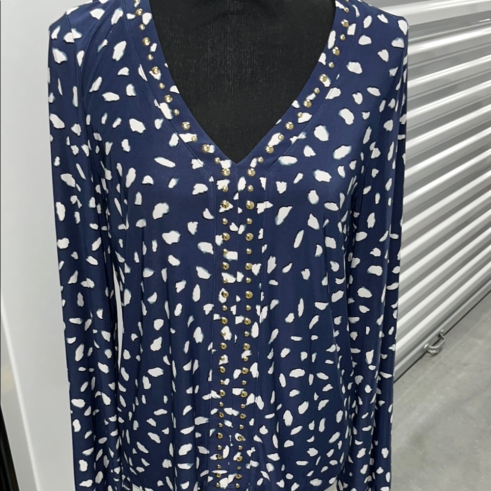 Elegant Navy and White Patterned Blouse size medium I-N-C
